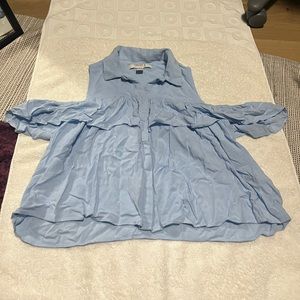 Blue off the shoulder button up lose Top